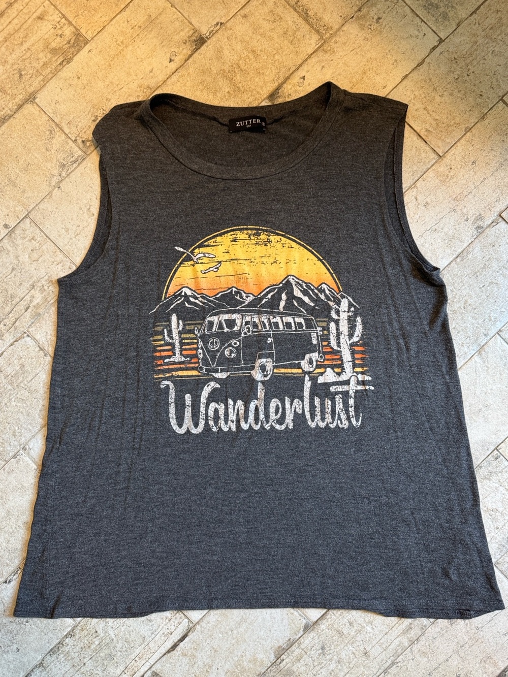 Zutter Wanderlust Graphic Tank Top - Charcoal with Yellow Print, vintage look.